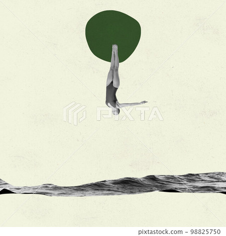 Contemporary art collage with young slim woman in swimming suit diving into sea water over light background. Summertime holiday. Minimalism. Retro style Contemporary art collage with young slim woman in swimming suit diving into sea water over light background. Summertime holiday. Minimalism. Retro style 98825750