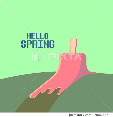 vector hello spring vintage concept illustration with flat melt ice cream isolated on green background. Springtime background or banner. Hello march graphic design template 98826430