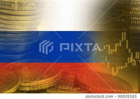 Stock market investment trading financial, coin and Russia flag or Forex for analyze profit finance business trend data background. Stock market investment trading financial, coin and Russia flag or Forex for analyze profit finance business trend data background. 98826583