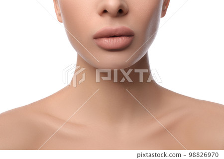 Woman with pink lipstick on white background, closeup 98826970