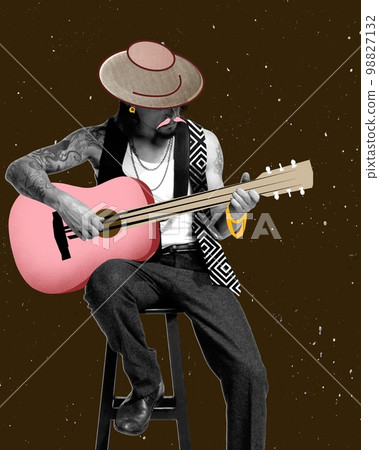 Creative portrait of stylish man, musician playing guitar, performing. Mix photography and illustration. Concept of retro style, music lifestyle, contemporary design 98827132