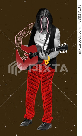 Creative portrait of stylish man, musician playing guitar, performing. Mix photography and illustration. Concept of retro style, music lifestyle, contemporary design 98827135