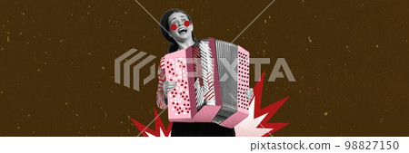Emotional young woman playing drawn accordion and singing. Live performance. Concept of creativity, retro style, music lifestyle, design. 98827150