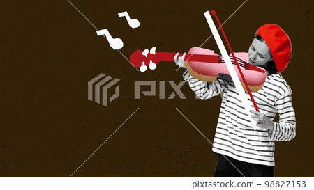 Contemporary art collage. Tender young woman playing violin. Classical music performer. Concept of creativity, retro style, music lifestyle, design. 98827153