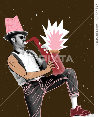 Black and white portrait of young stylish man expressively playing drawn saxophone over dark brown background. Concept of creativity, retro style, music. Black and white portrait of young stylish man expressively playing drawn saxophone over dark brown background. Concept of creativity, retro style, music. 98827157