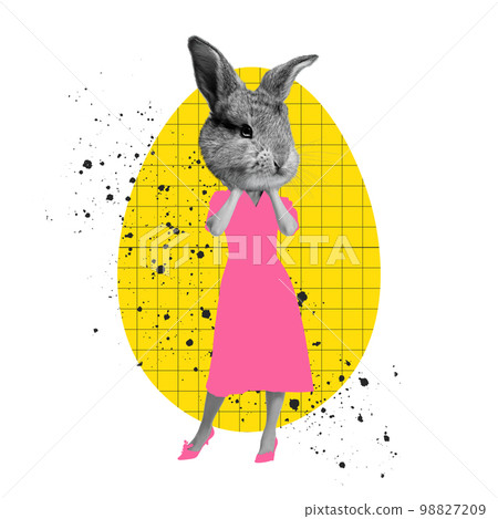 Charming. Bunny head on female body in pink dress. Creative design on white background. Happy Easter 98827209