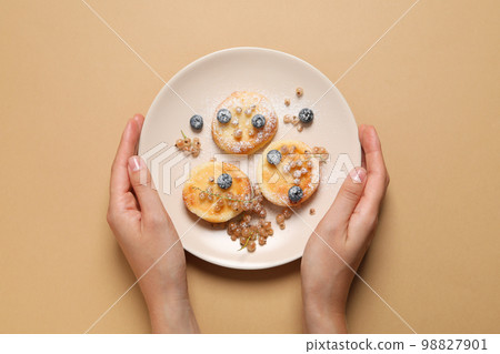 Concept of tasty sweet food, cheese pancakes, top view 98827901