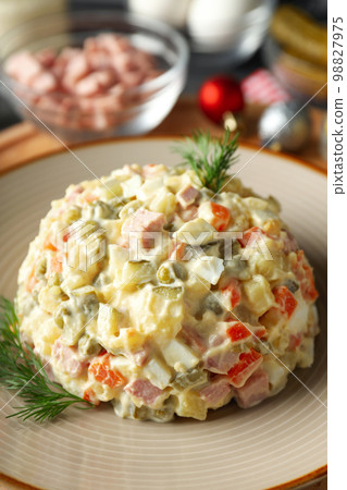 Concept of New year food, tasty Olivier salad 98827975