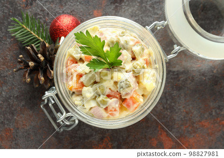 Concept of New year food, Olivier salad, top view Concept of New year food, Olivier salad, top view 98827981