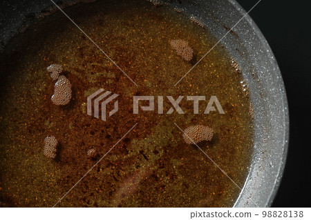 Used cooking oil in frying pan, closeup 98828138