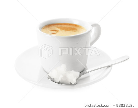 Delicious coffee with organic coconut oil isolated on white Delicious coffee with organic coconut oil isolated on white 98828183