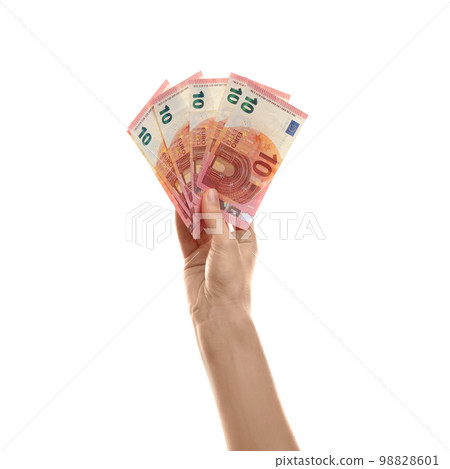 Woman with money on white background, closeup Woman with money on white background, closeup 98828601