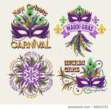 Set of 4 colorful labels with text for carnival Mardi Gras decoration in vintage style on white background. For prints, clothing, t shirt, holiday goods, stuff, surface design. Set of 4 colorful labels with text for carnival Mardi Gras decoration in vintage style on white background. For prints, clothing, t shirt, holiday goods, stuff, surface design. 98828781