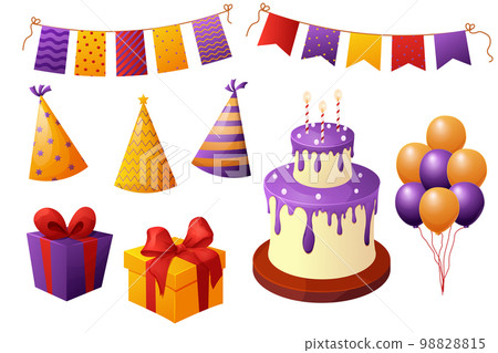 Set birthday elements, celebration cake and presents, garland and balloons, party paper hats in cartoon style isolated om white background. Set birthday elements, celebration cake and presents, garland and balloons, party paper hats in cartoon style isolated om white background. 98828815