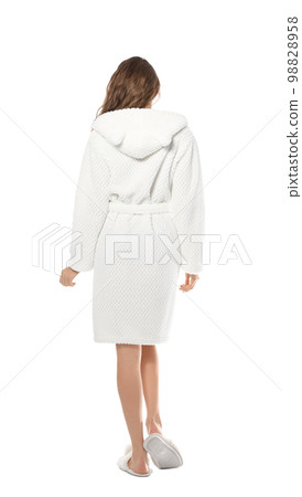Woman wearing bathrobe on white background, back view Woman wearing bathrobe on white background, back view 98828958