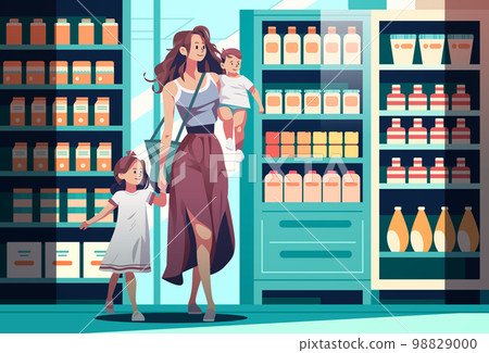 mother and little children walking in grocery shop motherhood happy family concept mother and little children walking in grocery shop motherhood happy family concept 98829000