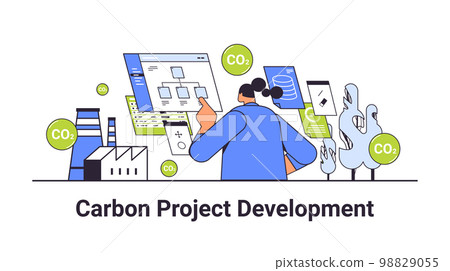 carbon credit project development concept businesswoman analyzing data responsibility of co2 emission environment strategy 98829055