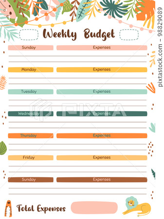 Weekly budget planner template for print. Week plan printable design for home budget, worksheet A4 size. Vector illustration 98829089