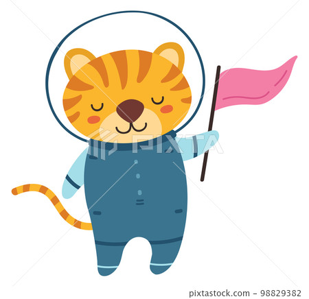 Happy tiger astronaut with flag. Space explorer character 98829382