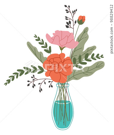 Beautiful bouquet in glass vase. Flowers decoration icon 98829412