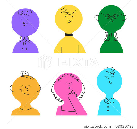 Colorful cute children face set vector. Funny toldder heads smiling, happy. Children stickers pack for social media. 98829782