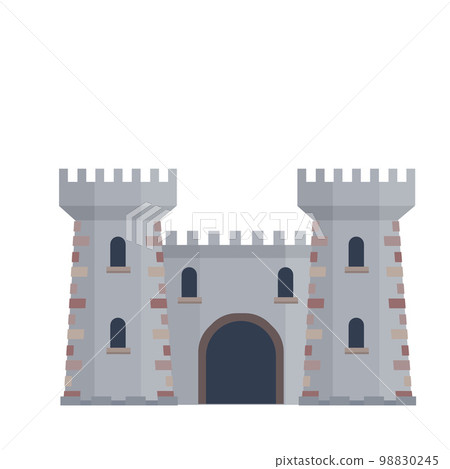 Medieval European stone castle. Knight fortress. Concept of security, protection and defense. Cartoon flat illustration. Military building with walls, gates and big tower. Medieval European stone castle. Knight fortress. Concept of security, protection and defense. Cartoon flat illustration. Military building with walls, gates and big tower. 98830245