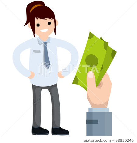 Office woman worker in suit and tie. successful business woman. Rich girl. Cartoon flat illustration. Big hand with green money salaries 98830246