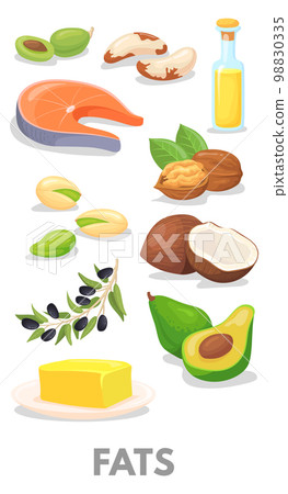 Fats healthy macronutrients chart. Cartoon food icon 98830335