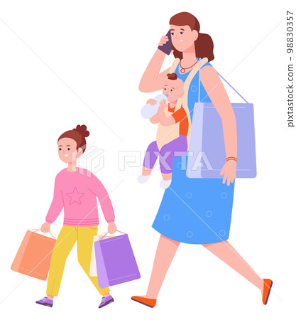 Mother shopping with kids. Busy woman with paper packages Mother shopping with kids. Busy woman with paper packages 98830357