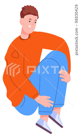 Young man in fetus pose. Happy smiling character Young man in fetus pose. Happy smiling character 98830429