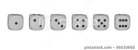 White casino 3D game dice render set, realistic rolling cube on white, playing square with dots.  98830668