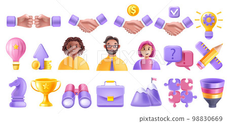 3D teamwork partner person avatar vector icon set, handshake, puzzle, partnership project funnel. 3D teamwork partner person avatar vector icon set, handshake, puzzle, partnership project funnel. 98830669