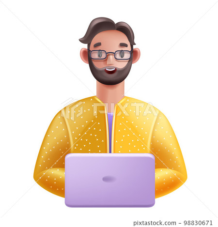 3D man icon, cartoon male character face, glasses, computer, business person vector avatar. 3D man icon, cartoon male character face, glasses, computer, business person vector avatar. 98830671