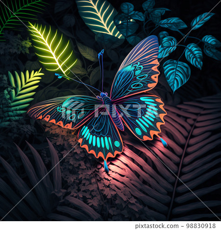 Teal neon butterfly on tropical leaves and flowers on dark flloral background. Teal neon butterfly on tropical leaves and flowers on dark flloral background. 98830918
