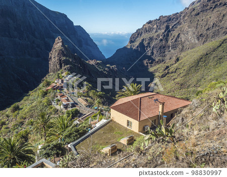 Canary Island, Tenerife view on picturesque Masca village with old stone houses, palm tees, beautiful green sharp hills, cliff, sea horizon and blue sky background Canary Island, Tenerife view on picturesque Masca village with old stone houses, palm tees, beautiful green sharp hills, cliff, sea horizon and blue sky background 98830997