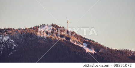 Grouse Mountain Ski Resort and Wind Turbine at winter sunrise. 98831072