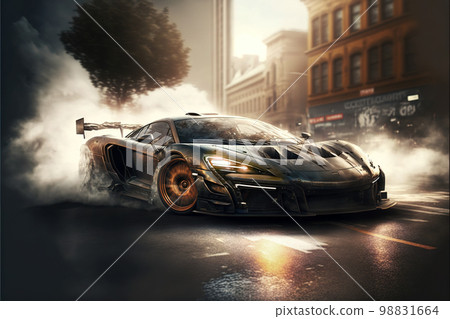 Racing sports car drifting on city street, luxury car in smoke from burning tires, generative AI Racing sports car drifting on city street, luxury car in smoke from burning tires, generative AI 98831664