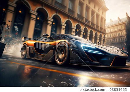 Racing sports car drifting on city street, luxury car in smoke from burning tires, generative AI. Racing sports car drifting on city street, luxury car in smoke from burning tires, generative AI. 98831665