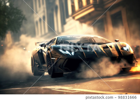Racing sports car drifting on city street, luxury car in smoke from burning tires, generative AI Racing sports car drifting on city street, luxury car in smoke from burning tires, generative AI 98831666