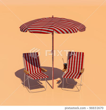 Summer vacation concept. Beach umbrella, chairs and cocktail on orange background. 3d rendering 98831670
