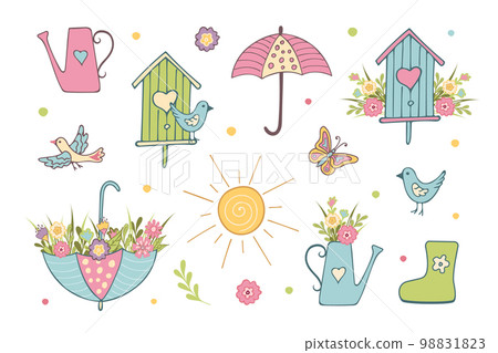 Set of Spring flat elements on white background. 98831823