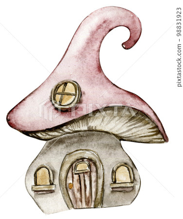 Watercolor cartoon fairy tale mushroom house with wooden door. Watercolor hand draw fairy tale illustration. Illustartion with white isolated background. Perfect for greeting card, poster. 98831923