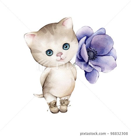 Watercolor illustration cute cat with purple anemones. Kitten white background. Hand drawn Watercolor illustration cute cat with purple anemones. Kitten white background. Hand drawn 98832308