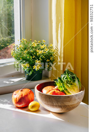 Vegetable in bamboo bowl on white table Vegetable in bamboo bowl on white table 98832751