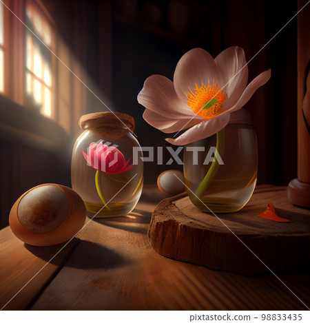 Still life with flowers in glass jars and an egg, on a wooden table by the window Still life with flowers in glass jars and an egg, on a wooden table by the window 98833435