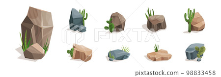 Desert Stones or Boulders with Cactus Vector Set Desert Stones or Boulders with Cactus Vector Set 98833458