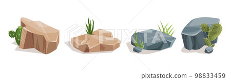 Desert Stones or Boulders with Cactus Vector Set Desert Stones or Boulders with Cactus Vector Set 98833459