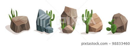 Desert Stones or Boulders with Cactus Vector Set Desert Stones or Boulders with Cactus Vector Set 98833460