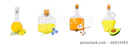 Organic Vegetable Oil Poured in Glass Jars Vector Set 98833463