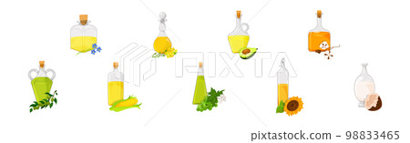 Organic Vegetable Oil Poured in Glass Jars Vector Set 98833465